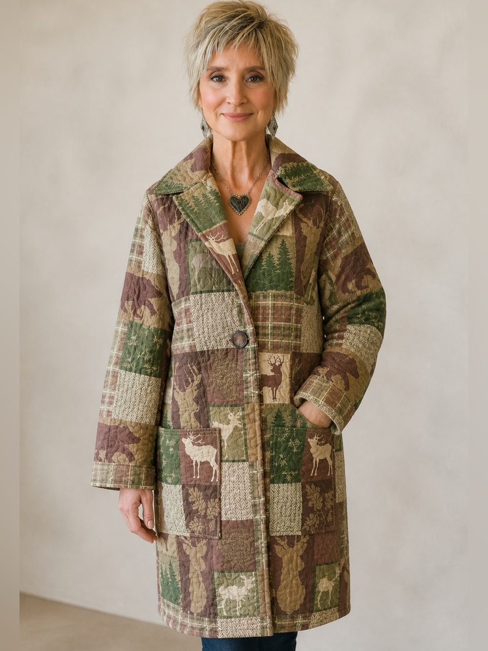 Camo Patchwork Blanket Jacket Upcycled Bedspread Forest Bear Deer Cabin